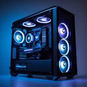 Build PC gaming 4K haute performance avec boîtier Corsair Frame, ventilateurs RGB bleus, éclairage LED et carte RTX 5080 — configuration ultime pour le gaming 4K en 2025.